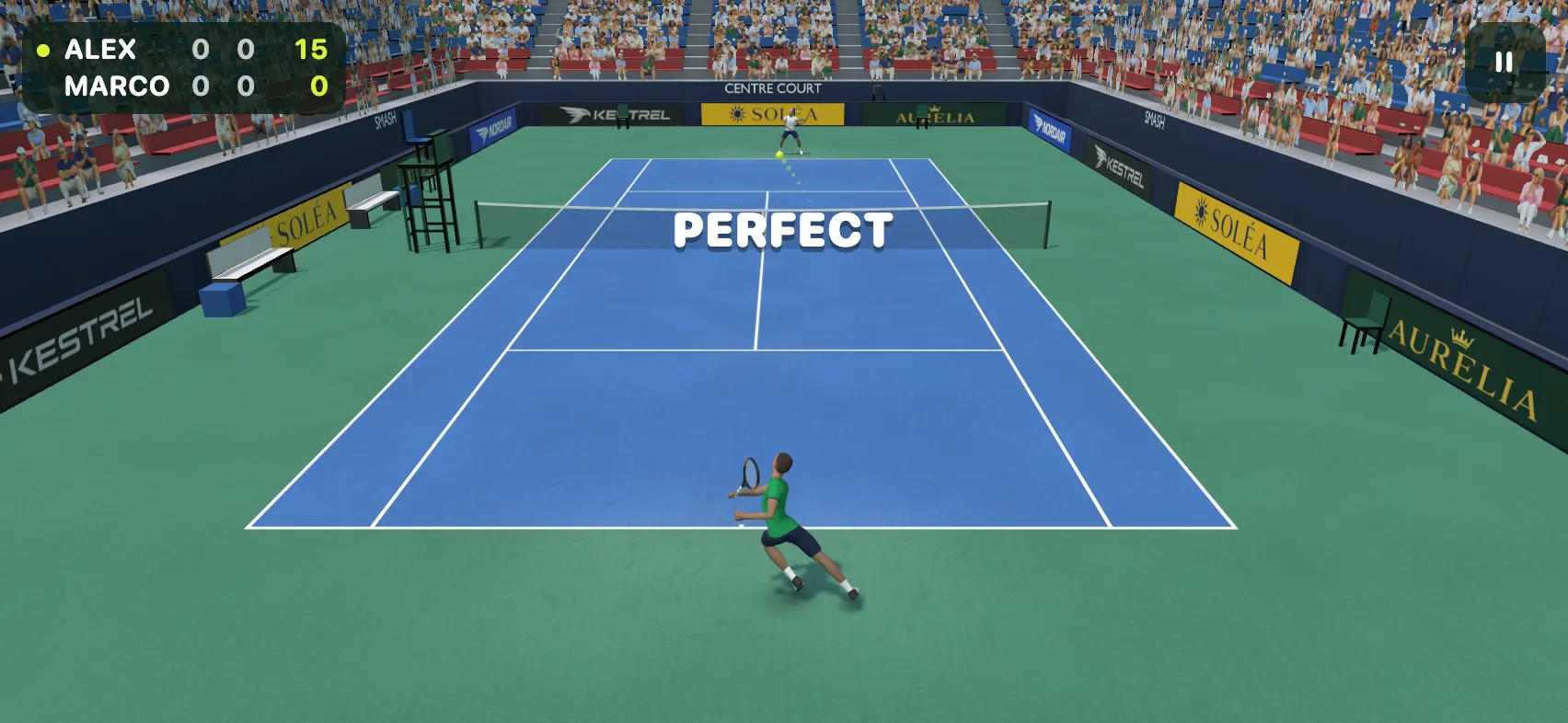 A match in Rallo: the player in green runs for a forehand on a blue hard court in a full stadium, the scoreboard in the corner